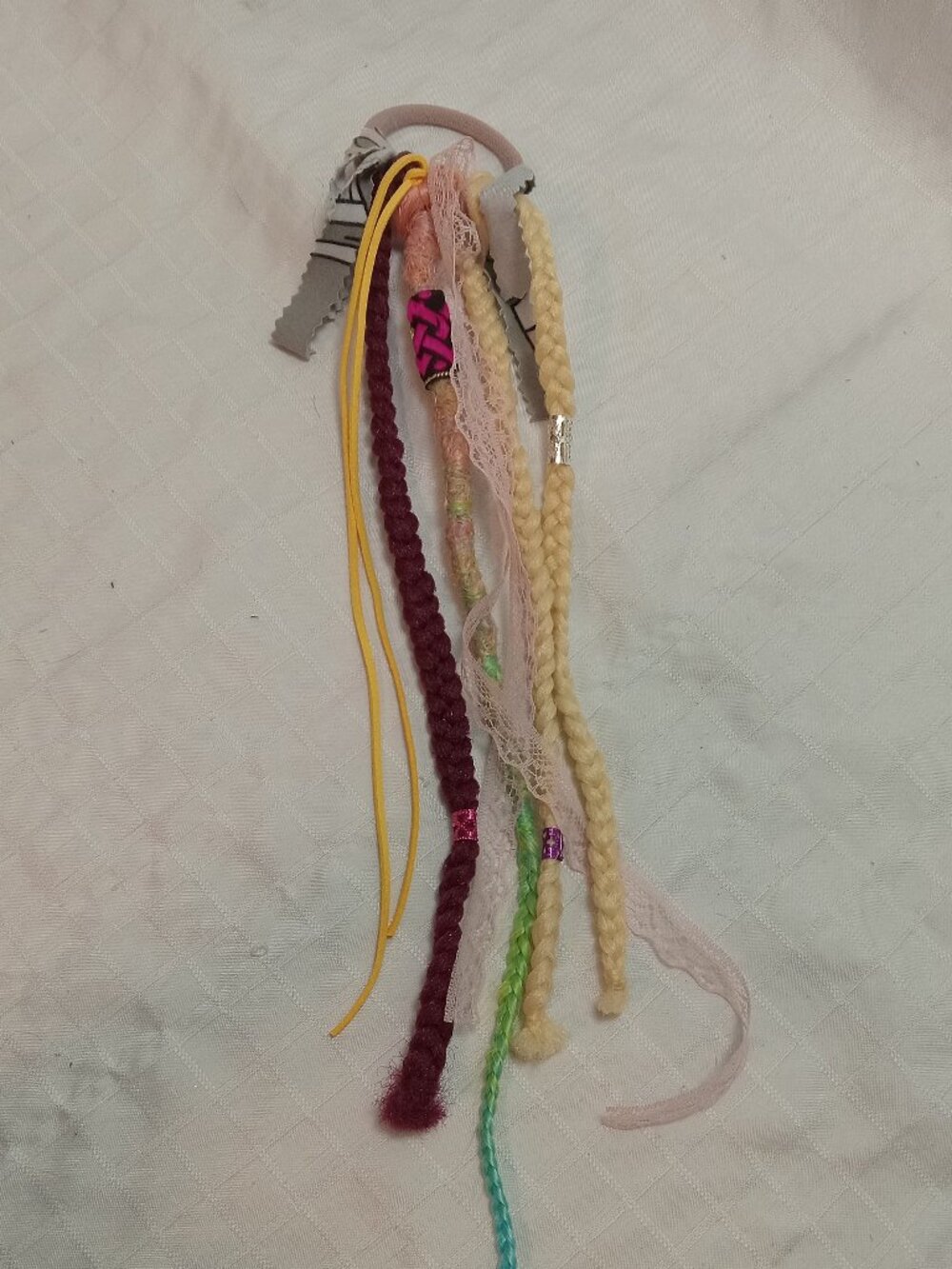 Handmade bohemian hair accessory with dreads, braids, lace ribbons & decorations